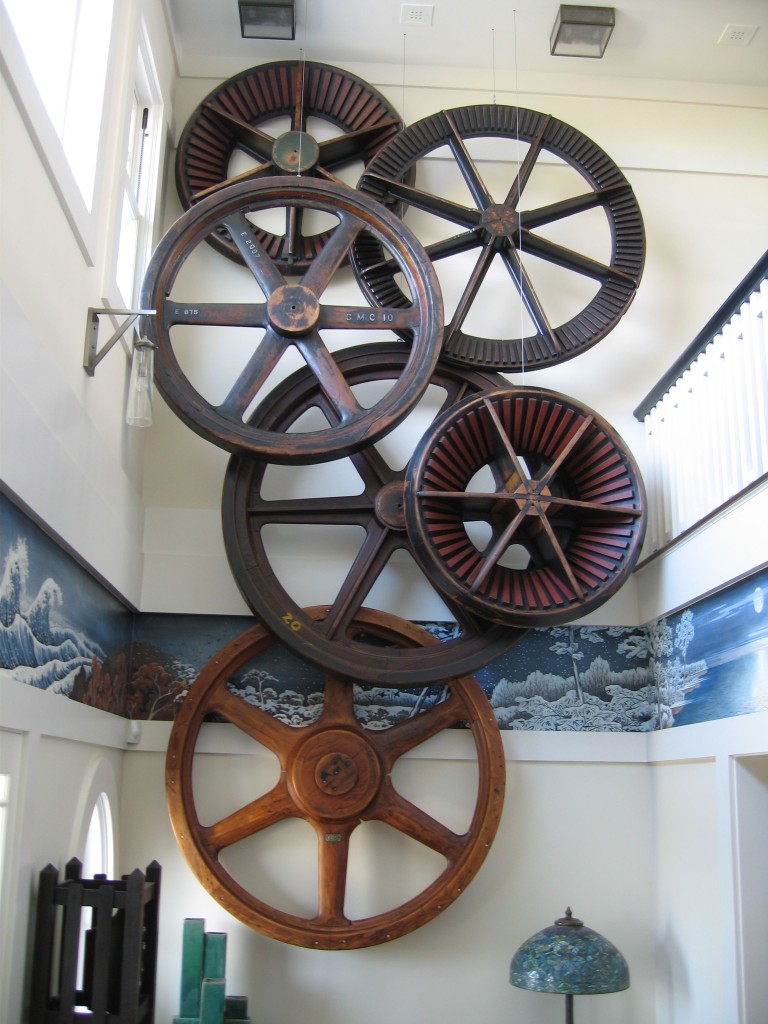 wheels hanging on wall