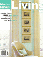 Photo of Martha Stewart Living magazine, cover photo is of a blue and yellow room with a collection of 5 photos hung on the wall between two windows