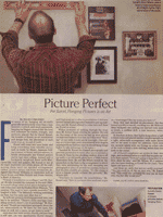 photograph of new york sun newspaper captioned "picture perfect" and image of man using level to hang art on walls