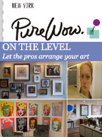 Screenshot of Purewow article reading "on the level, let the pros arrange your art" next to several photos of well placed artwork on many walls