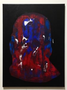 An abstract painting in black, blue and red suggesting the back of a human head