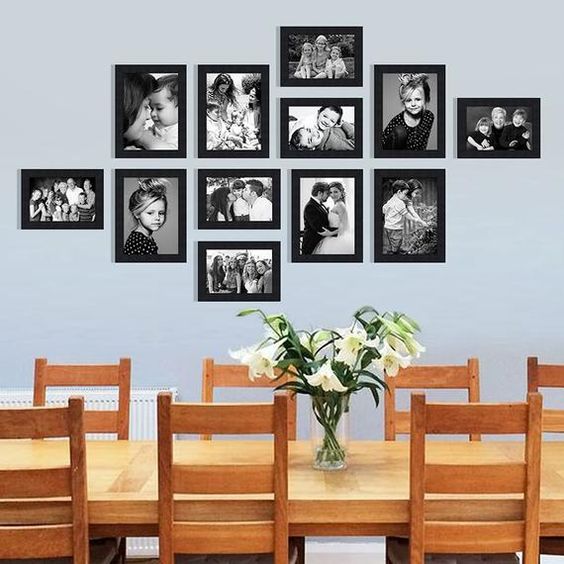 family photos displayed in a dining area