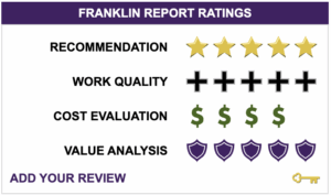ILevel's report card from The Franklin Report. The card reads: Franklin Report Ratings. Recommendation Five Stars. Work Quality Five Plus Signs. Cost Evaluation Four Dollar Signs. Value Analysis Five Shields. Add your review. Key.