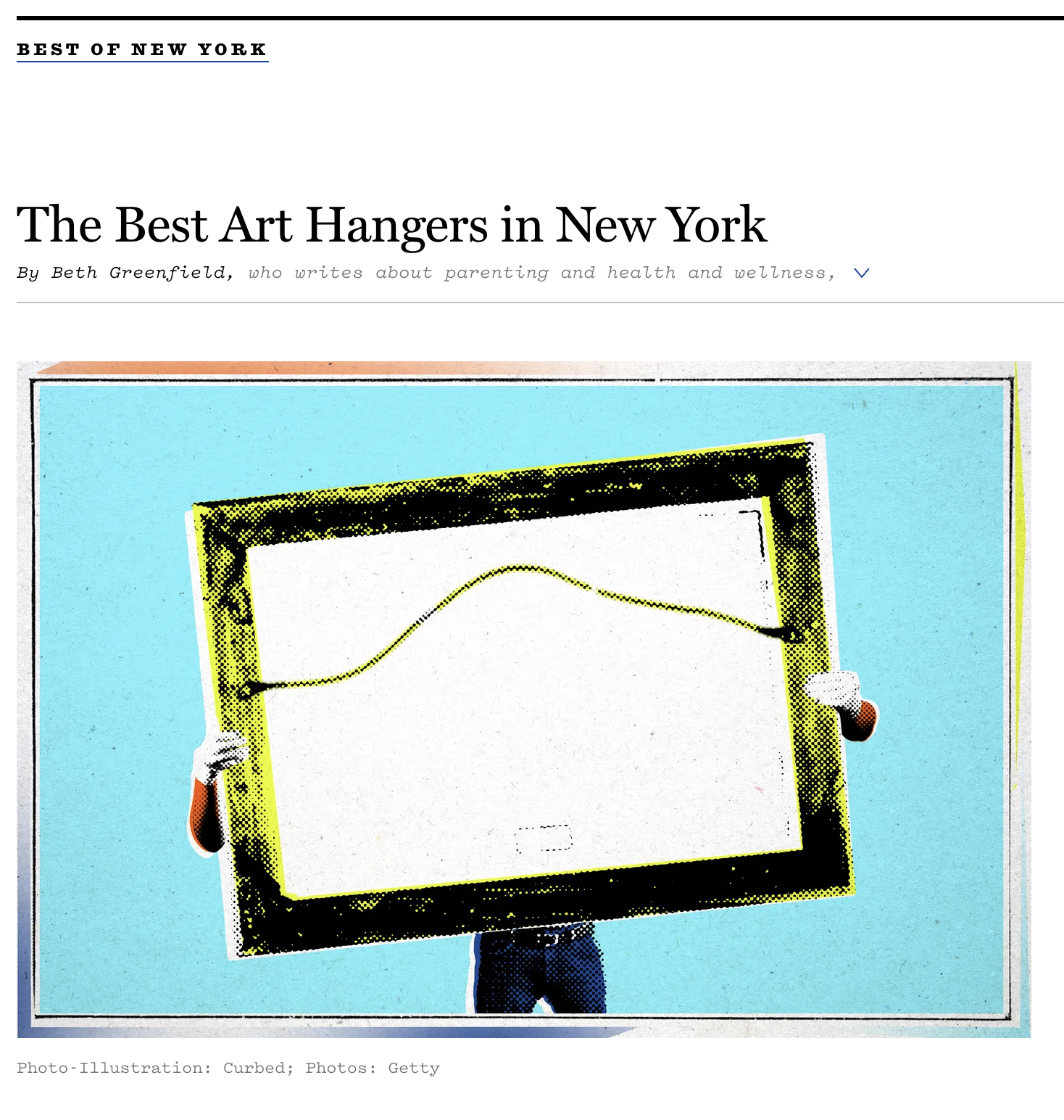 Screenshot of curbed website, with a photo of a person holding a large framed piece of art and the headline reads The Best Art Hangers in New York