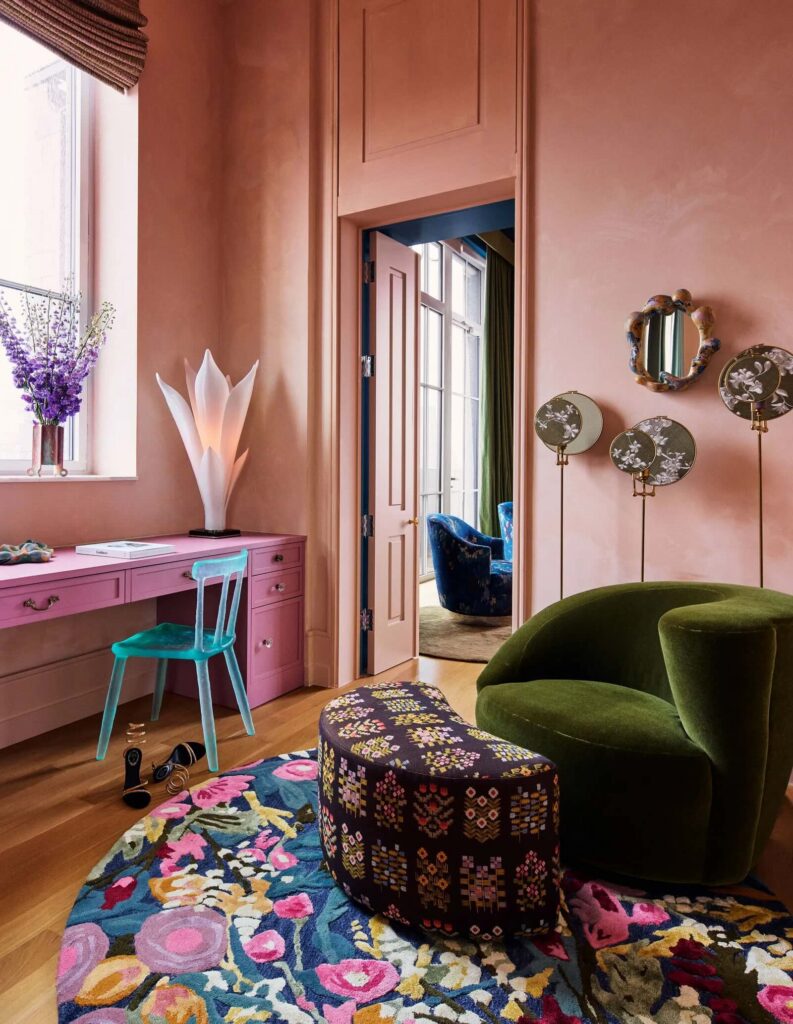 Kate Upton's home office with pink walls and decorative mirror arrangement, Kate Upton Justin Verlander NYC penthouse designed by John Ruggiero