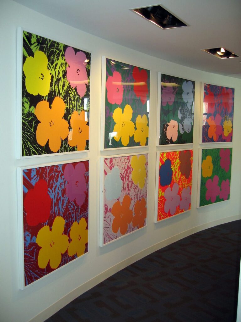 Eight colorful frames in office hallway